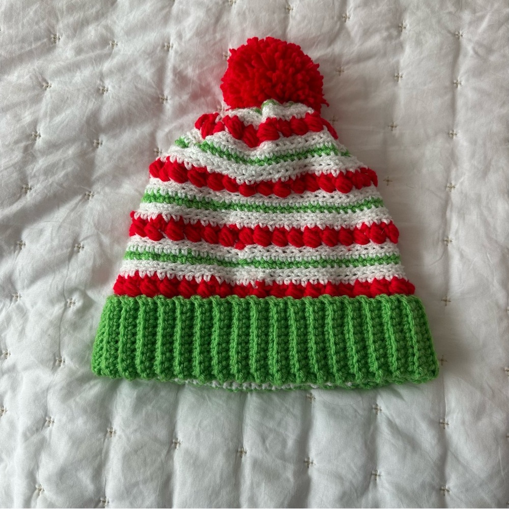 Red and Green Striped Crocheted Beanie nwot hand made